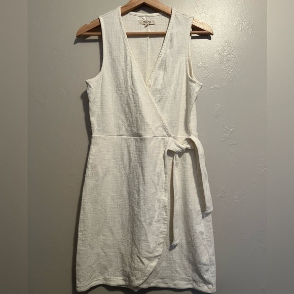 Madewell Crosshatch Side Tie Sleeveless Faux Wrap Dress Bright Ivory - Picture 6 of 15